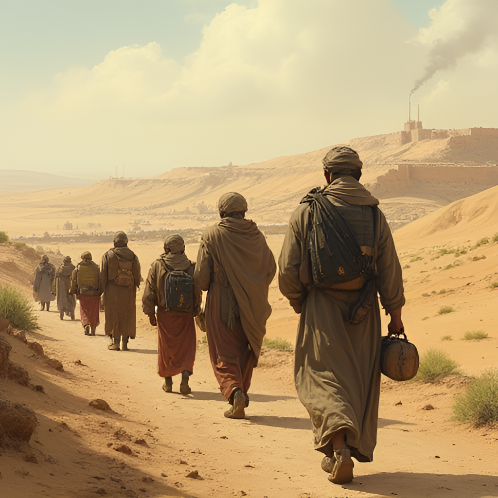 A poignant image depicting the historical displacement of Palestinians, perhaps showing families walking with bundles or looking towards a distant horizon, in a historical or illustrative style.