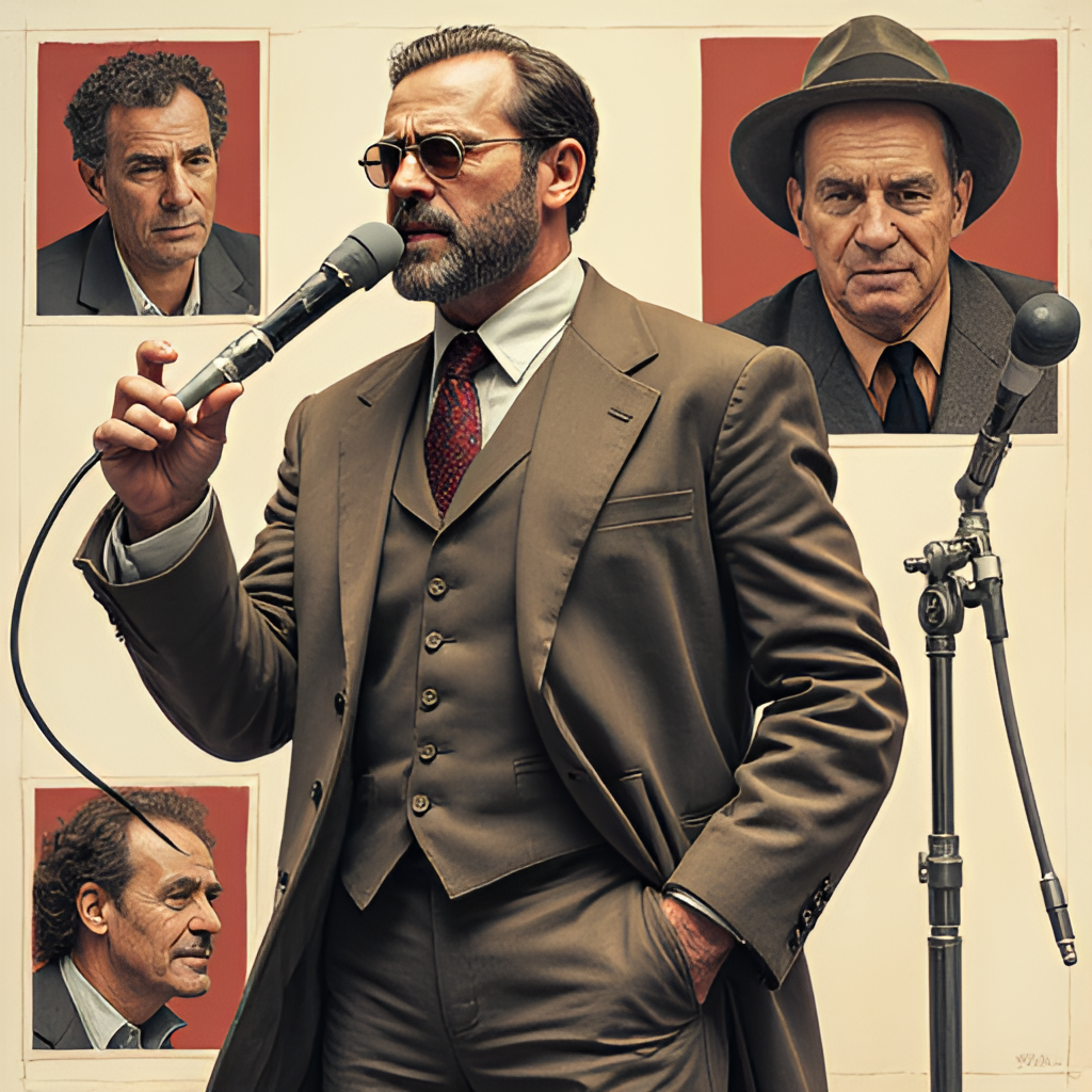 An illustration depicting Tony Todd's versatility, showing smaller vignettes of his different roles: Candyman, William Bludworth (Final Destination), and a microphone stand representing his voice acting work, in a collage style.