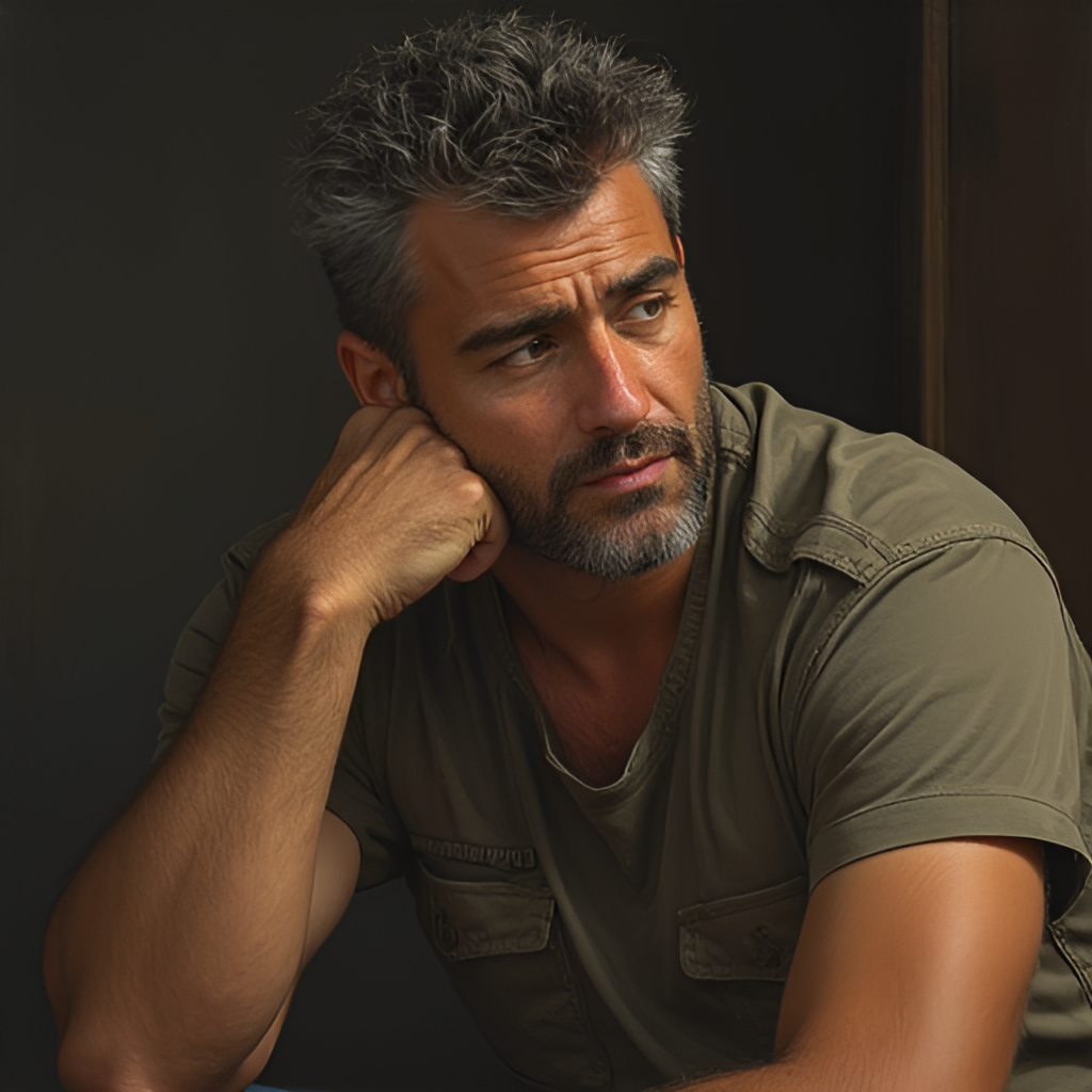 A portrait of Ricardo Fort with a thoughtful or pensive expression, perhaps in a more subdued setting, reflecting on his personal challenges and the impact he had, in a realistic painting style.