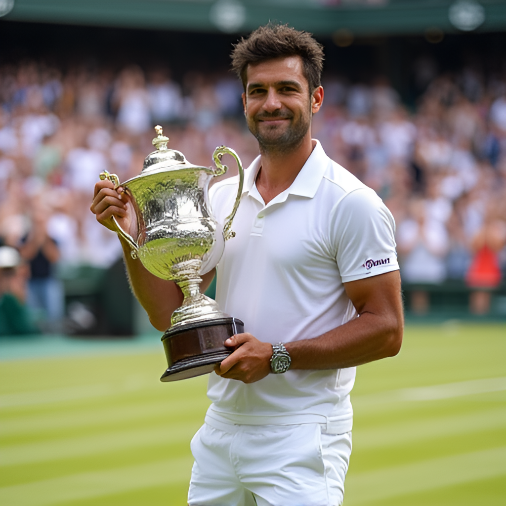 Carlos Alcaraz celebrating a victory on a grass court, holding a trophy, with a large crowd cheering in the background.