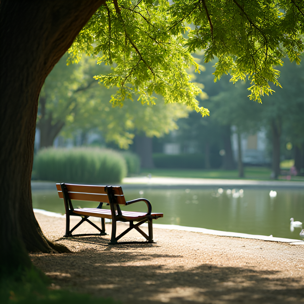 A close-up, serene image of a quiet corner in a city park, perhaps a bench under a large tree or a small pond with ducks, conveying a sense of peace and escape from urban noise. Soft natural light.