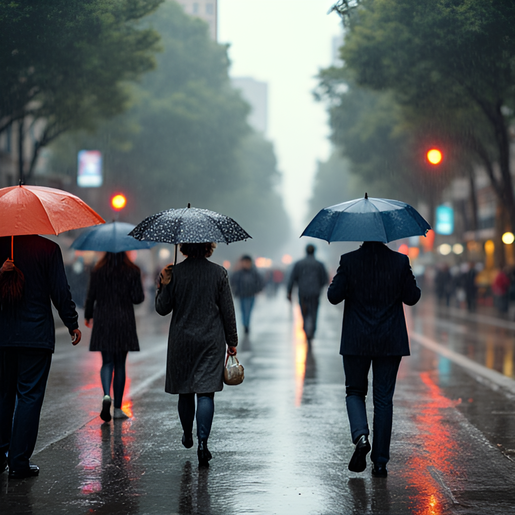 A street scene in Buenos Aires during a sudden rain shower, with people holding umbrellas and reflections on the wet pavement, capturing the city's dynamic weather.