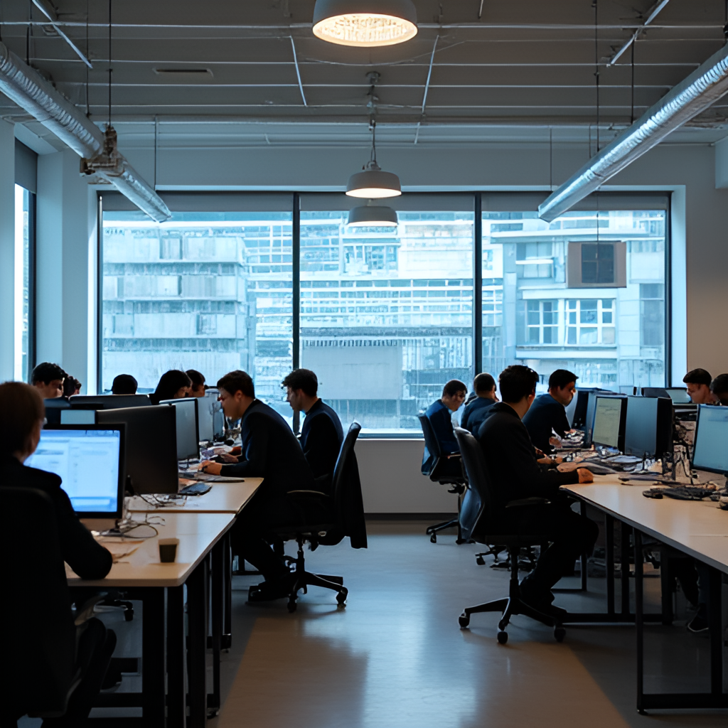 An interior shot of a modern newsroom with journalists working at computers, reflecting the digital transition of a regional newspaper like El Tribuno de Jujuy.