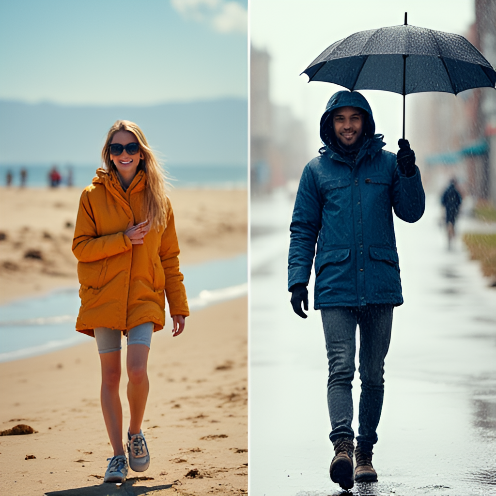 A split image or collage showing two scenes: one person dressed appropriately for sunny, warm weather enjoying an outdoor activity, and another person dressed for rainy, cold weather holding an umbrella, demonstrating preparation for different daily climates.